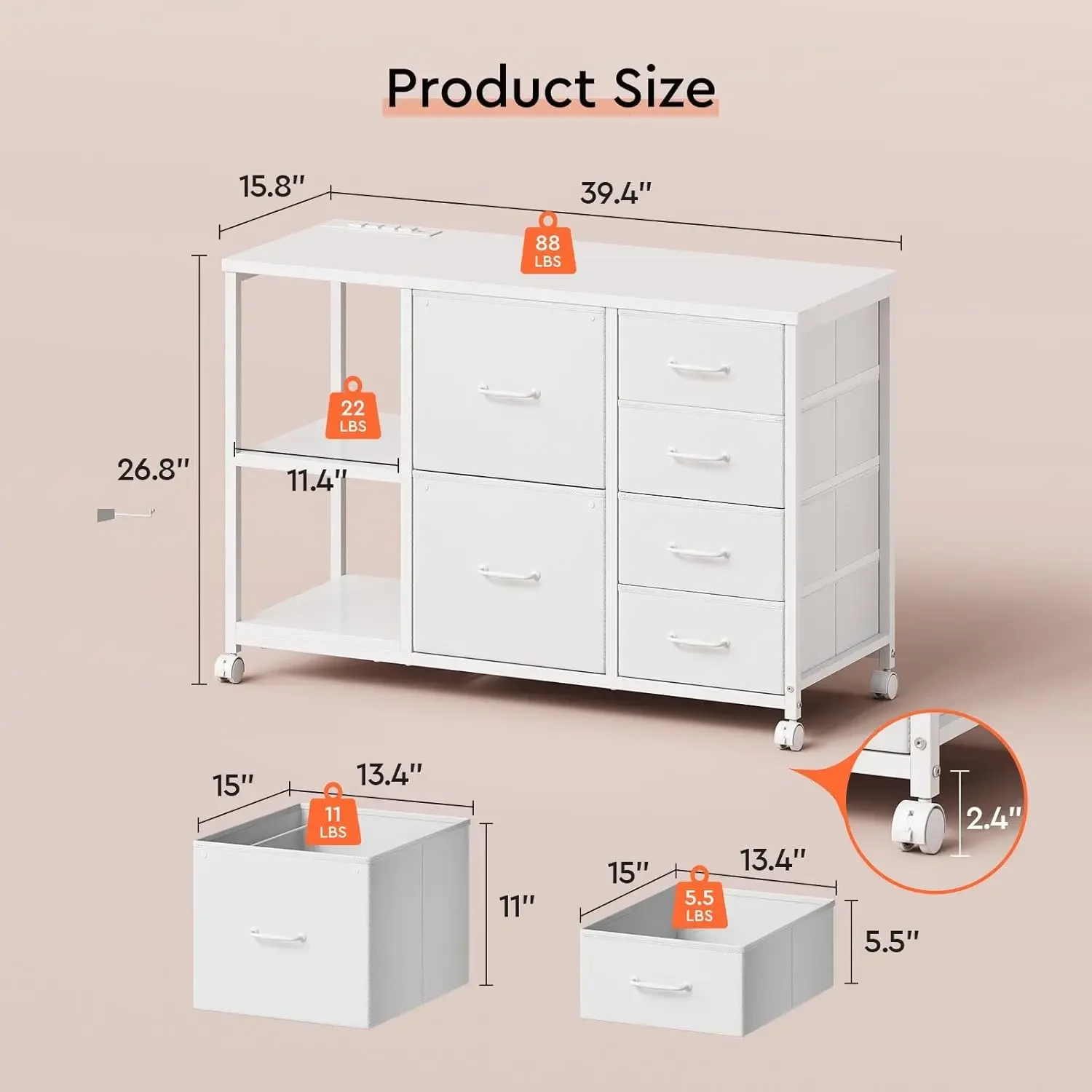 File Cabinet Lateral - Rollende printerstandaard met oplaadstation, zijdelingse archiefkast