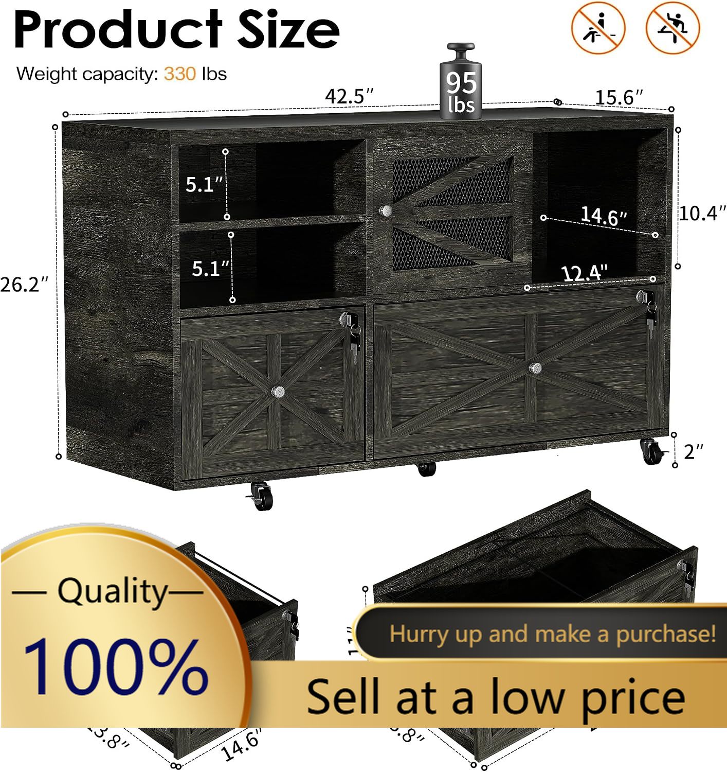File Cabinet Lateral - 2-lades boerderijstijl archiefkast met slot, mobiele