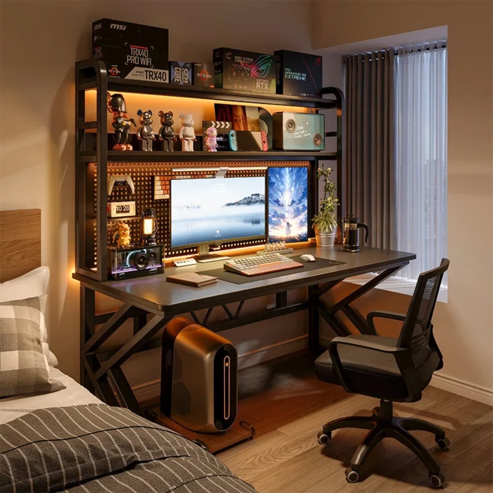 Office Furniture Plan - Gamingbureau met boekenplank en pegboard, computerbureau